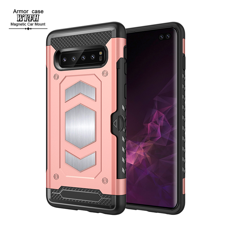 Galaxy S10+ (Plus) Metallic Plate Case Work with Magnetic Holder and Card Slot (Rose Gold)